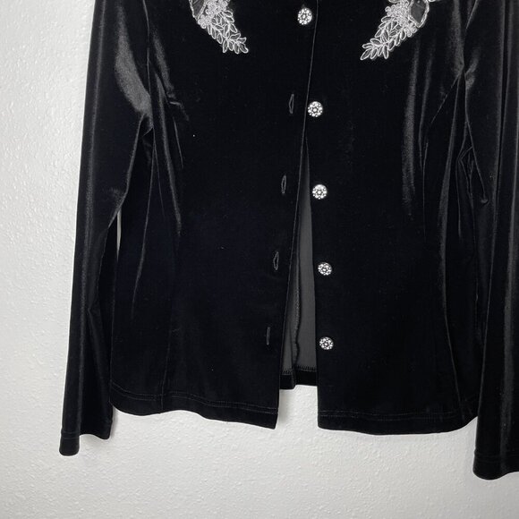 VTG  Ronni Nicole Petite Medium Black Velvet Holiday Cardigan w/ Lace & Beading - Picture 6 of 8